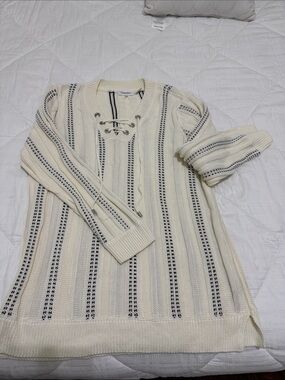 Calvin Klein Cream Sweater with Navy Stripe Lace-Up Neck